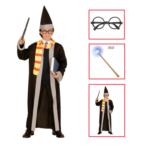 VESTITO CARNEVALE + ACCESSORI MAGO COSTUME CAPPELLO OCCHIALI BACCHETTA TRAVESTIMENTO (11/13 ANNI)