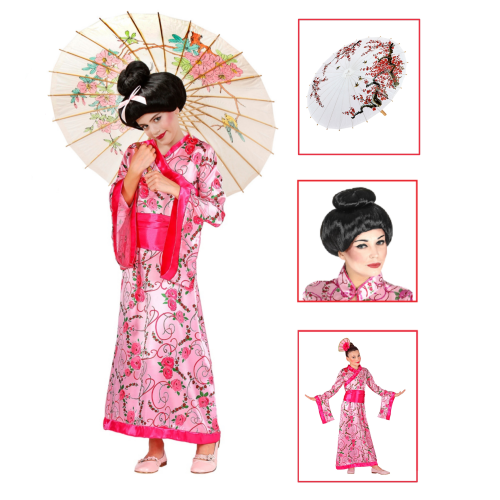VESTITO CARNENALE + ACCESSORI PRINCIPESSA ASIATICA KIMONO PARASOLE PARRUCCA TRAVESTIMENTO (11/1
