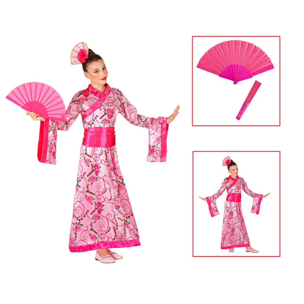 VESTITO CARNENALE + ACCESSORI PRINCIPESSA ASIATICA VENTAGLIO TRAVESTIMENTO (5/7 ANNI)