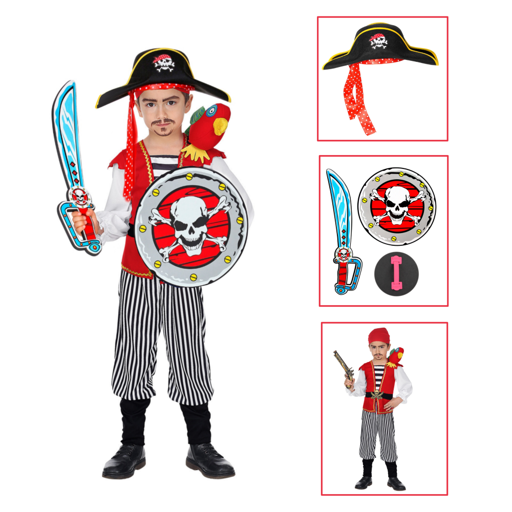 VESTITO CARNEVALE + ACCESSORI PIRATA COSTUME SCIABOLA SCUDO CAPPELLO TRAVESTIMENTO (4/5 ANNI)