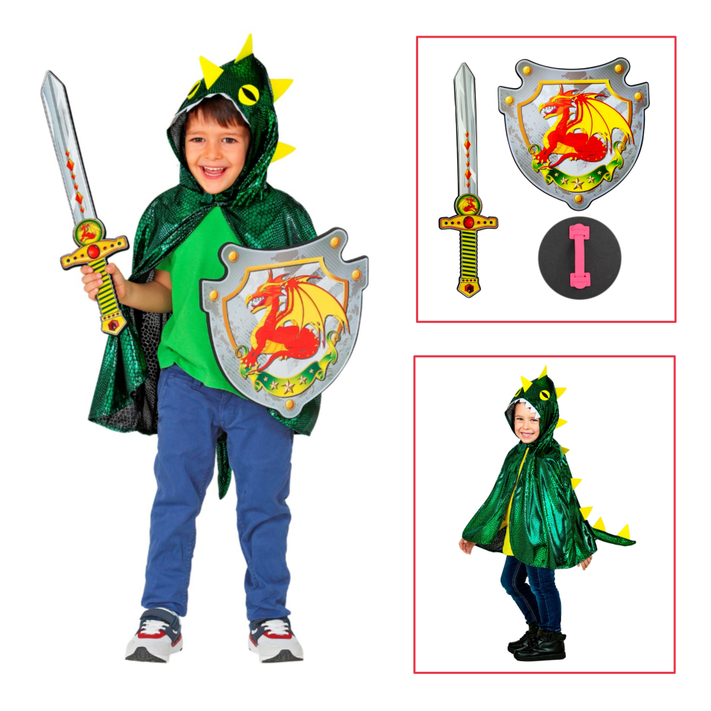 VESTITO CARNEVALE + ACCESSORI DRAGO COSTUME SPADA SCUDO TRAVESTIMENTO (3/5 ANNI)