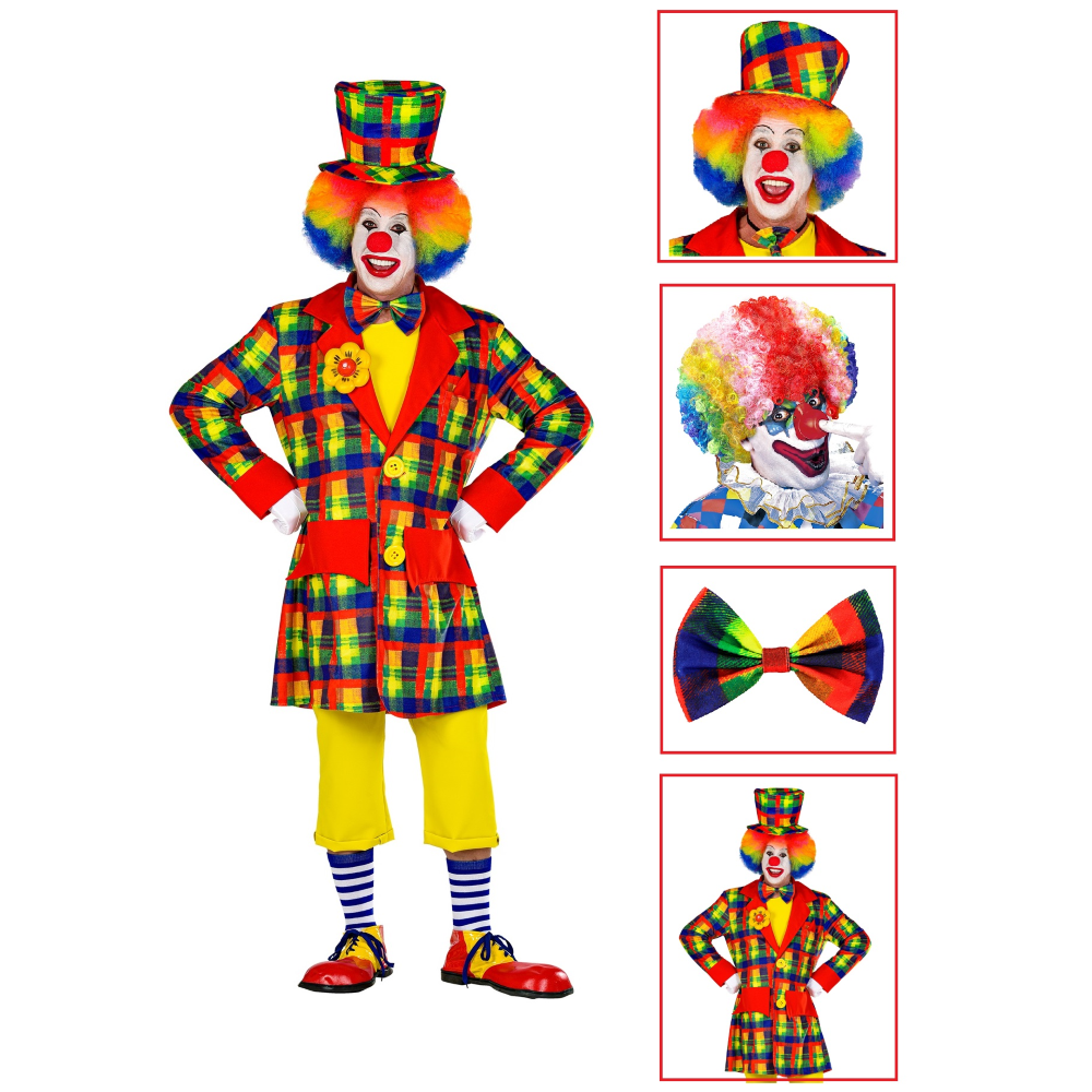 SET TRAVESTIMENTO + ACCESSORI PAGLIACCIO CILINDRO PARRUCCA NASO FARFALLINO CAPPOTTO CARNEVALE (S)