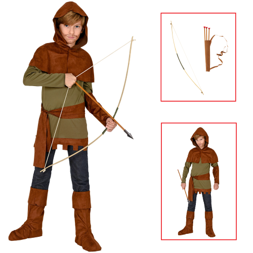 VESTITO CARNEVALE + ACCESSORI ROBIN HOOD CON ARCO TRAVESTIMENTO (11/13 ANNI)