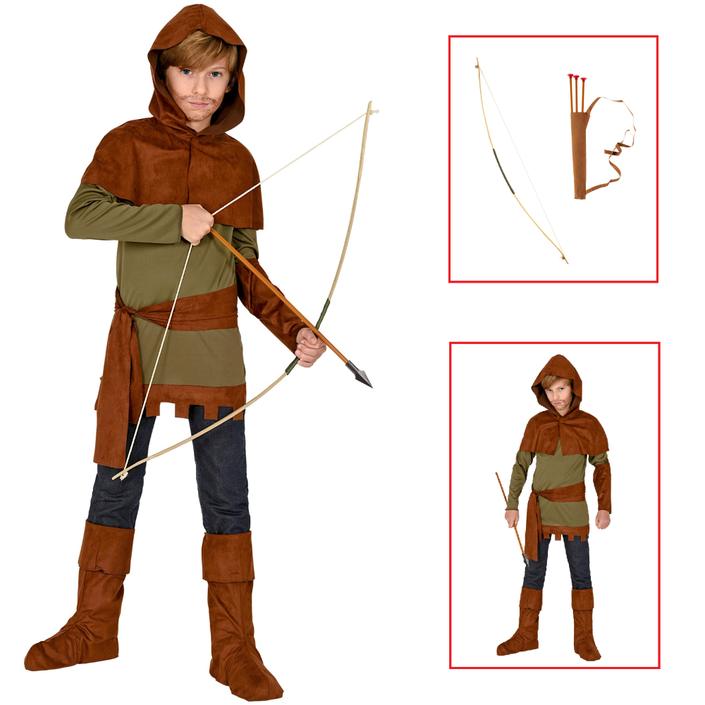 VESTITO CARNEVALE + ACCESSORI ROBIN HOOD CON ARCO TRAVESTIMENTO (11/13 ANNI)