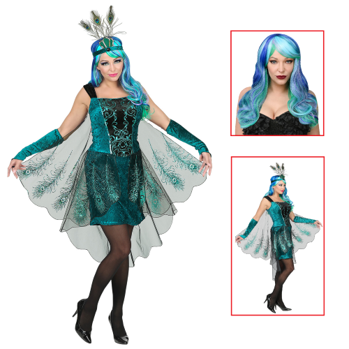 VESTITO CARNEVALE + ACCESSORI PAVONE ABITO COPRICAPO PARRUCCA TRAVESTIMENTO (L)