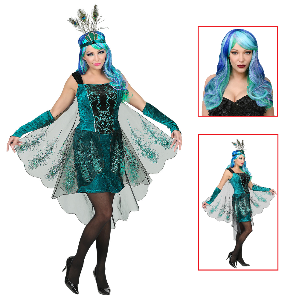 VESTITO CARNEVALE + ACCESSORI PAVONE ABITO COPRICAPO PARRUCCA TRAVESTIMENTO (M)
