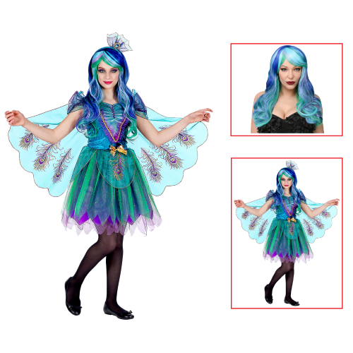 VESTITO CARNEVALE + ACCESSORI PAVONE ABITO COPRICAPO PARRUCCA TRAVESTIMENTO (11/13 ANNI)