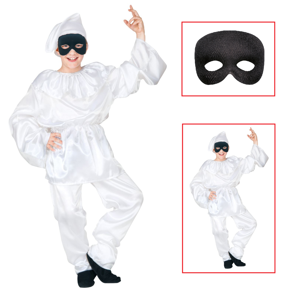 VESTITO CARNEVALE + ACCESSORI PULCINELLA COSTUME MASCHERA TRAVESTIMENTO (8/10 ANNI)