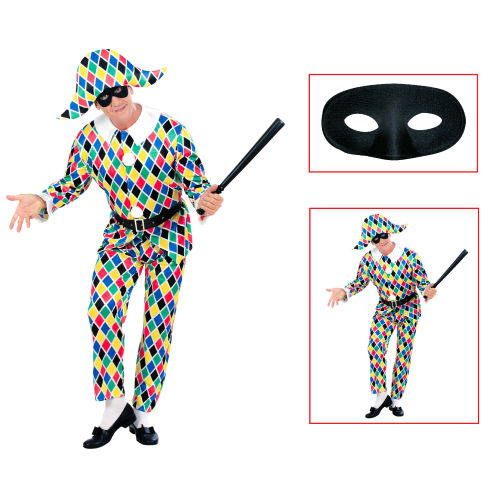 VESTITO CARNEVALE + ACCESSORI ARLECCHINO COSTUME MASCHERA TRAVESTIMENTO (M)