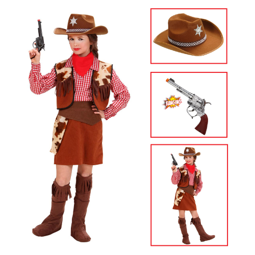 VESTITO CARNEVALE + ACCESSORI COWGIRL COSTUME CAPPELLO PISTOLA TRAVESTIMENTO (11/13 ANNI)