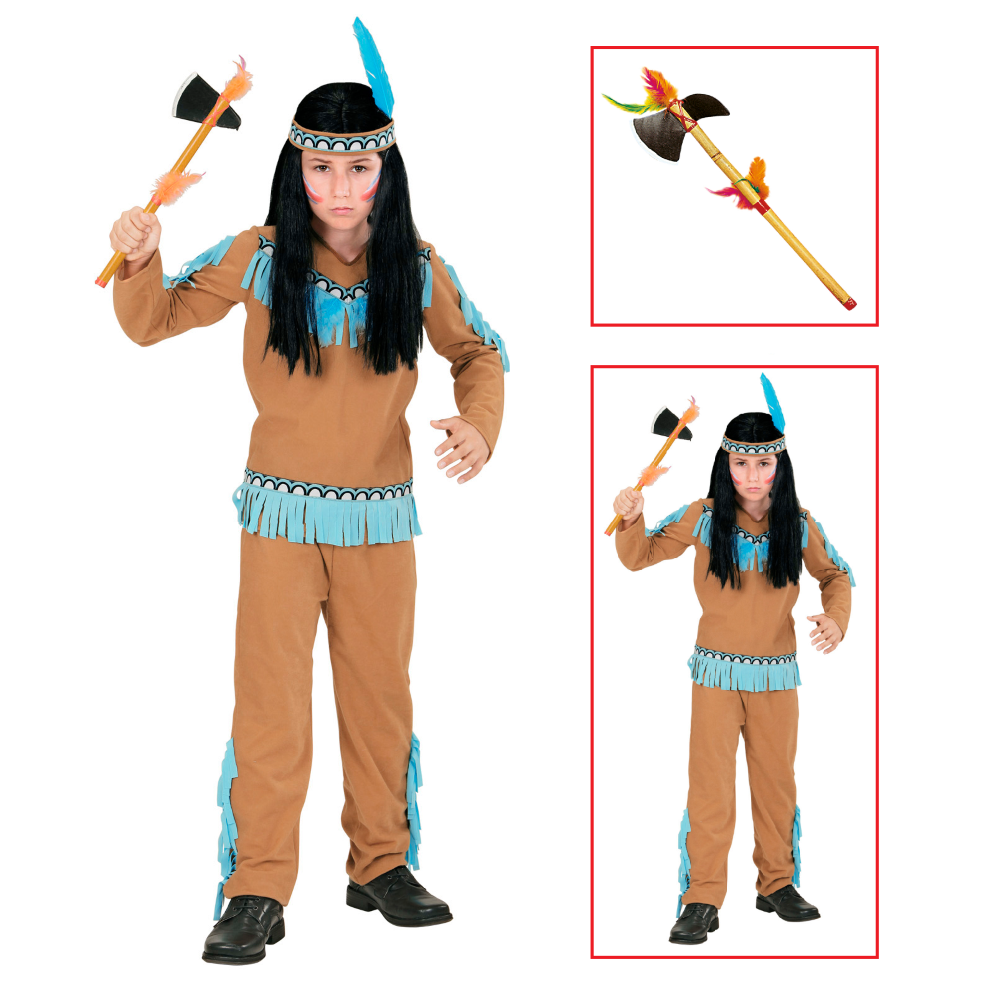 VESTITO CARNEVALE + ACCESSORI INDIANO COSTUME ASCIA TRAVESTIMENTO (8/10 ANNI)