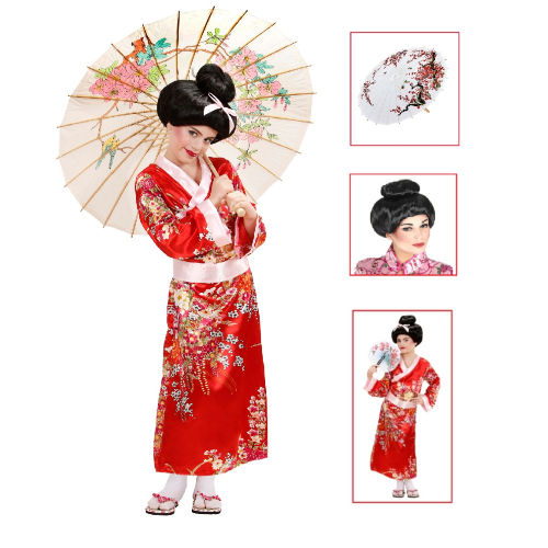 VESTITO CARNENALE + ACCESSORI GEISHA BAMBINA GIAPPONESE KIMONO PARASOLE PARRUCCA TRAVESTIMENTO (11/13 ANNI)
