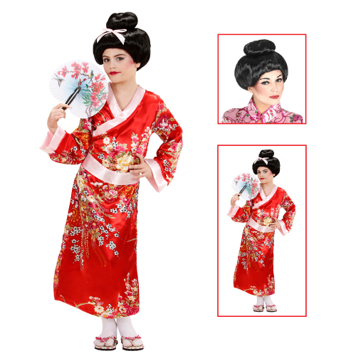 VESTITO CARNENALE + ACCESSORI GEISHA BAMBINA GIAPPONESE KIMONO PARRUCCA 11/13 ANNI TRAVESTIMENTO - 7653+01509