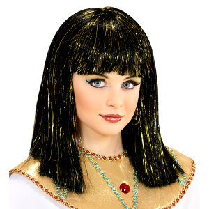 VESTITO CARNENALE + ACCESSORI REGINA EGIZIANA VESTITO BASTONE PARRUCCA TRAVESTIMENTO (8/10 ANNI)
