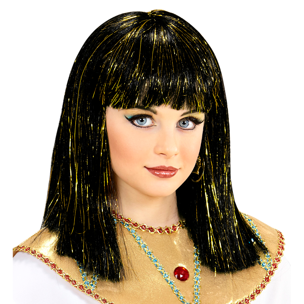 VESTITO CARNENALE + ACCESSORI REGINA EGIZIANA VESTITO BASTONE PARRUCCA TRAVESTIMENTO (8/10 ANNI)