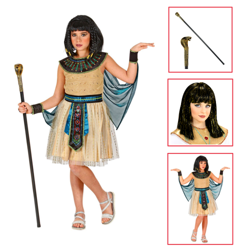VESTITO CARNENALE + ACCESSORI REGINA EGIZIANA VESTITO BASTONE PARRUCCA TRAVESTIMENTO (11/13 ANNI)