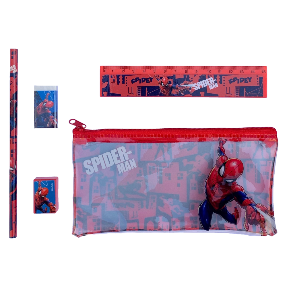 SET CANCELLERIA SPIDERMAN MARVEL 5 PEZZI TOMBOLINO MATITA GOMMA TEMPERAMATITE E RIGHELLO - MV15921