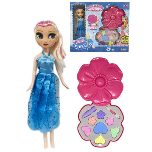 BAMBOLA PRINCIPESSA CELESTE + TROUSSE 1 ROSSETTO 7 OMBRETTI 1 PENNELLO TRUCCO PER BAMBINE - TOY0675