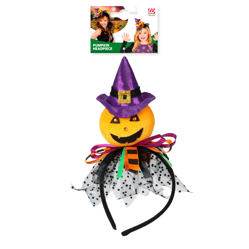 CERCHIETTO ZUCCA CON CAPPELLO, TULLE E NASTRI ACCESSORI CARNEVALE HALLOWEEN - 00069