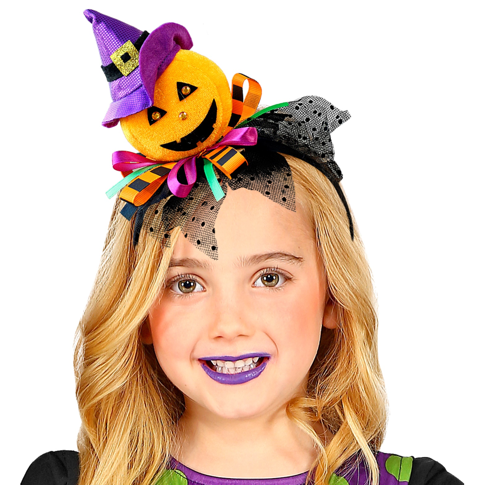 CERCHIETTO ZUCCA CON CAPPELLO, TULLE E NASTRI ACCESSORI CARNEVALE HALLOWEEN - 00069