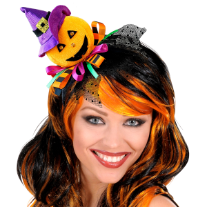 CERCHIETTO ZUCCA CON CAPPELLO, TULLE E NASTRI ACCESSORI CARNEVALE HALLOWEEN - 00069