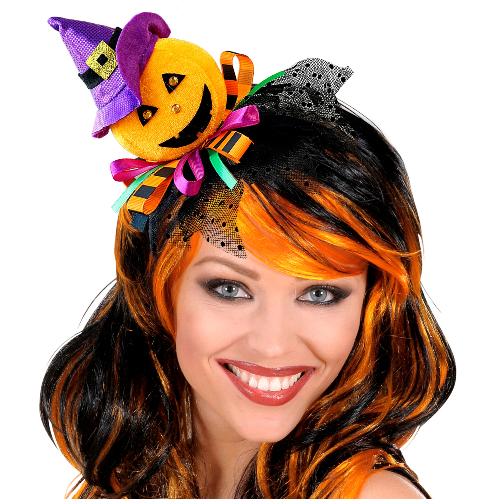 CERCHIETTO ZUCCA CON CAPPELLO, TULLE E NASTRI ACCESSORI CARNEVALE HALLOWEEN - 00069