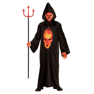 VESTITO CARNEVALE + ACCESSORI SKELETON DEVIL TESCHIO TUNICA TRIDENTE DORATO TRAVESTIMENTO HALLOWEEN 8/10 ANNI - 0033+24221