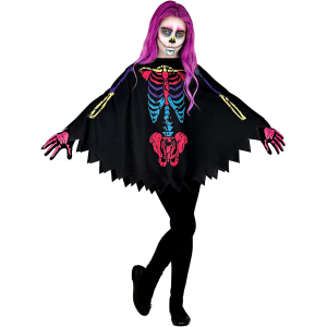 COSTUME CARNEVALE + ACCESSORI SCHELETRO COLORATO PONCHO CALZE GUANTI TRAVESTIMENTO HALLOWEEN 