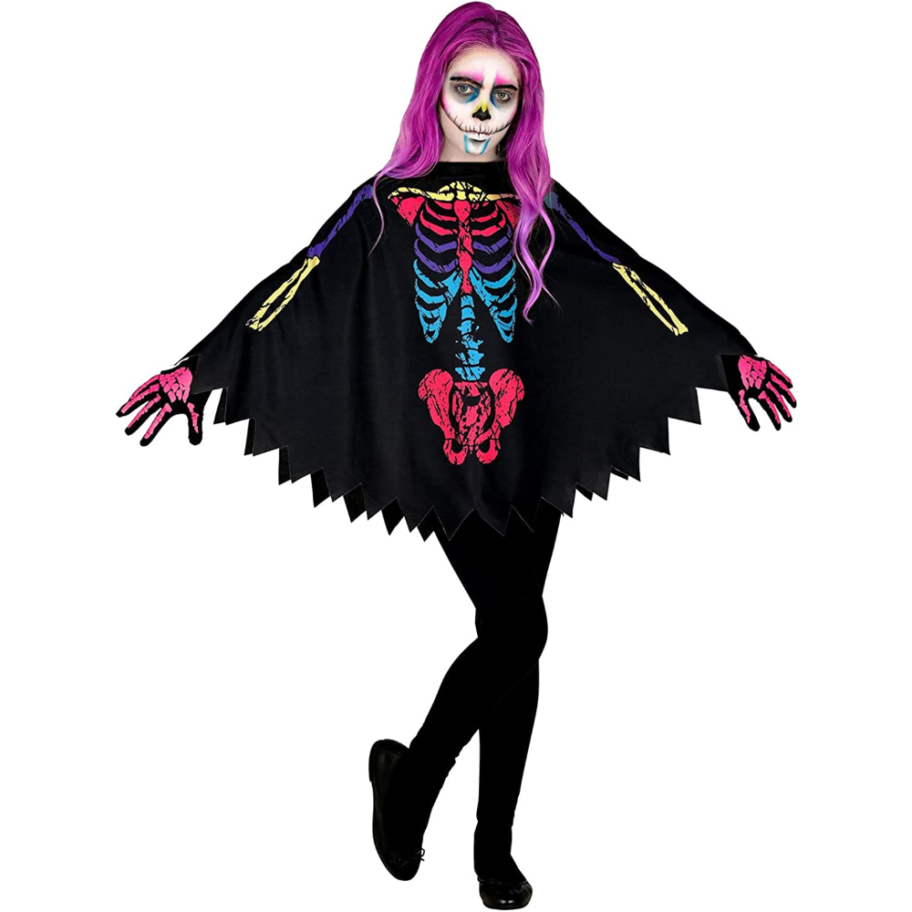 COSTUME CARNEVALE + ACCESSORI SCHELETRO COLORATO PONCHO CALZE GUANTI TRAVESTIMENTO HALLOWEEN 