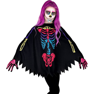 COSTUME CARNEVALE + ACCESSORI SCHELETRO COLORATO PONCHO CALZE GUANTI TRAVESTIMENTO HALLOWEEN 