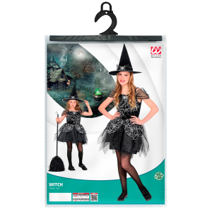 VESTITO CARNEVALE + ACCESSORI WITCH VESTITO CAPPELLO SCOPA HALLOWEEN BAMBINA 11/13 ANNI - 9734+03231