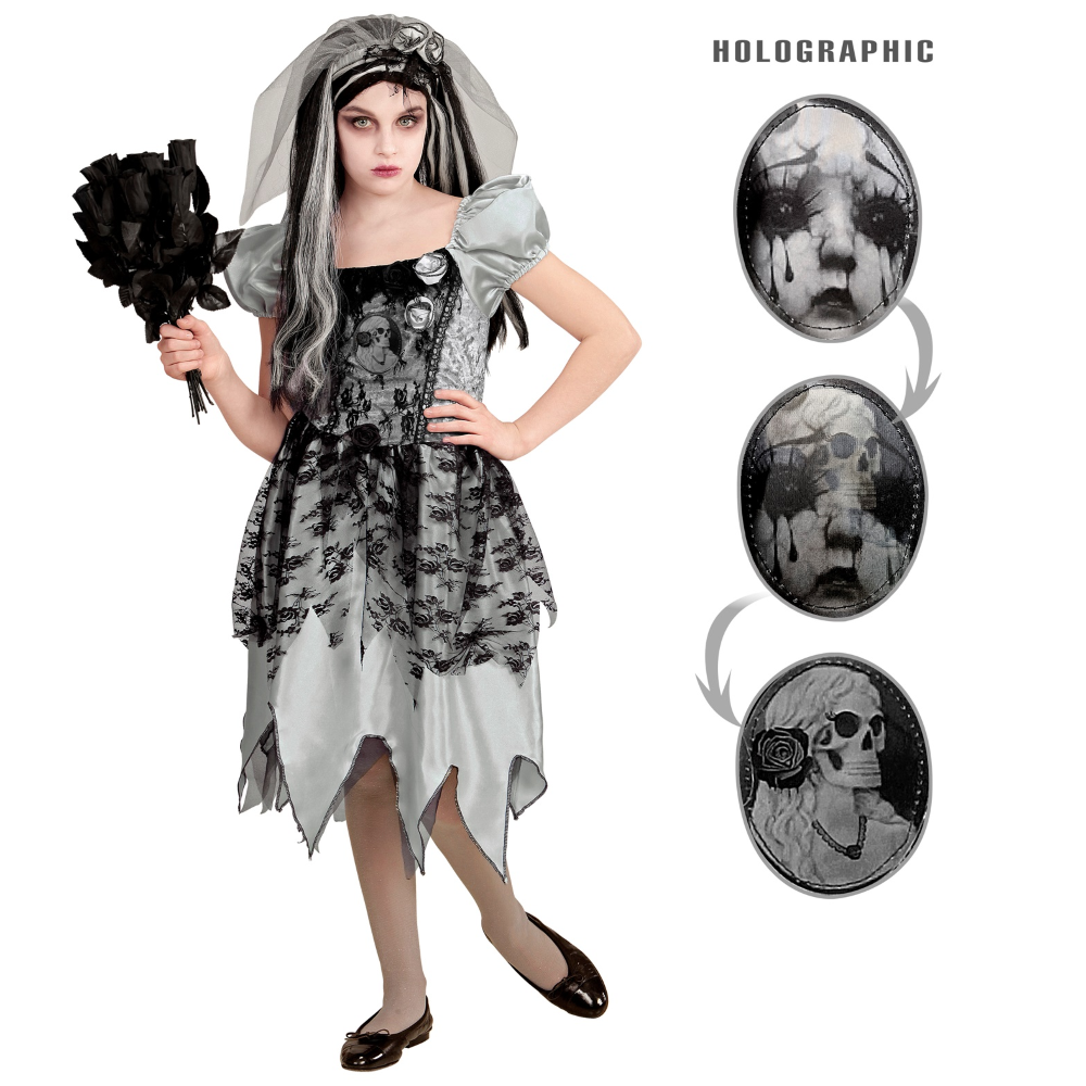 COSTUME CON ACCESSORI SPOSA SPETTRALE VESTITO BOUQUET PARRUCCA TRAVESTIMENTO HALLOWEEN BAMBINA 11/13 ANNI - 0546+03235+6279S