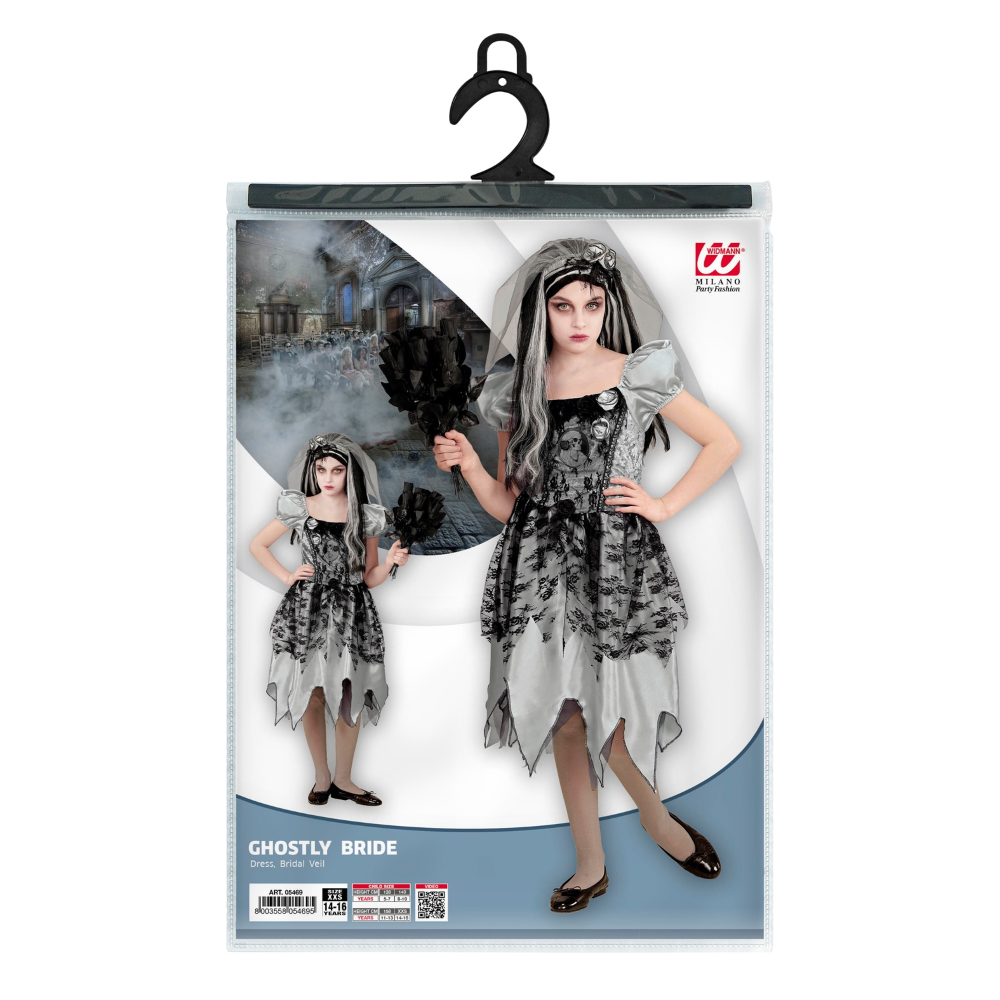 COSTUME CON ACCESSORI SPOSA SPETTRALE VESTITO BOUQUET PARRUCCA TRAVESTIMENTO HALLOWEEN BAMBINA 11/13 ANNI - 0546+03235+6279S