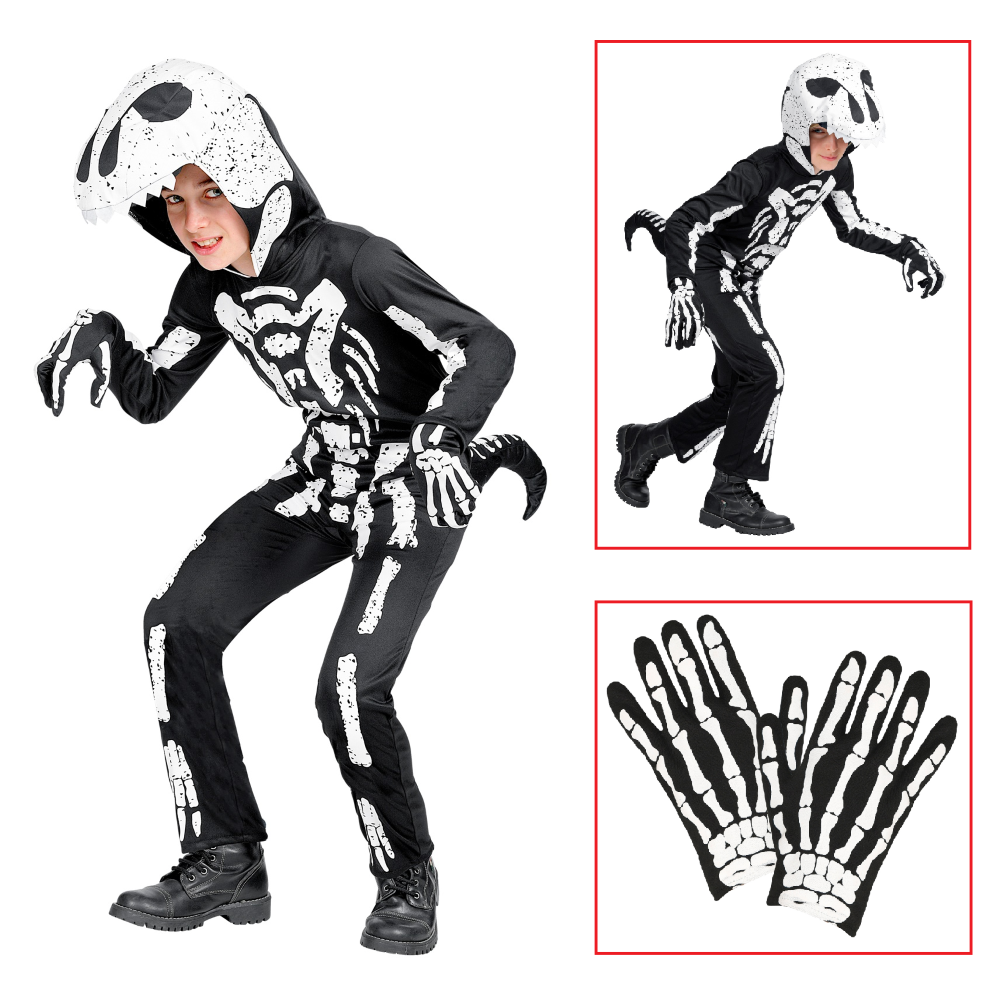 COSTUME CARNEVALE + ACCESSORI SCHELETRO T-REX COSTUME GUANTI TRAVESTIMENTO HALLOWEEN BAMBINO 11/13 ANNI - 0190+34275