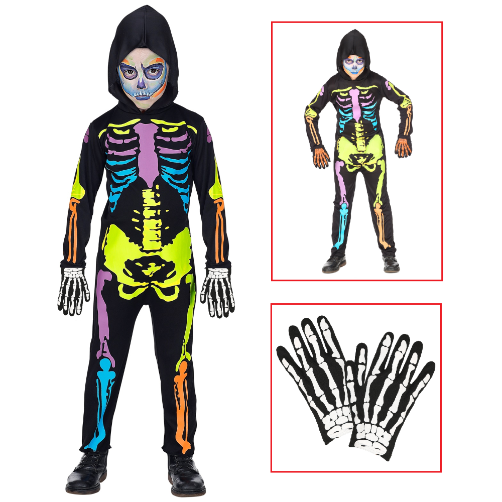 VESTITO CARNEVALE + ACCESSORI SCHELETRO COLORATO TUTA GUANTI TRAVESTIMENTO HALLOWEEN 4/5 ANNI - 7027+34275