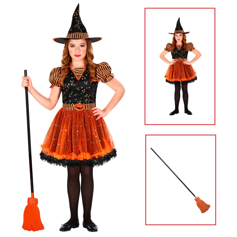 VESTITO CARNEVALE + ACCESSORI STREGA VESTITO CAPPELLO SCOPA HALLOWEEN BAMBINA 8/10 ANNI - 0181+2133W