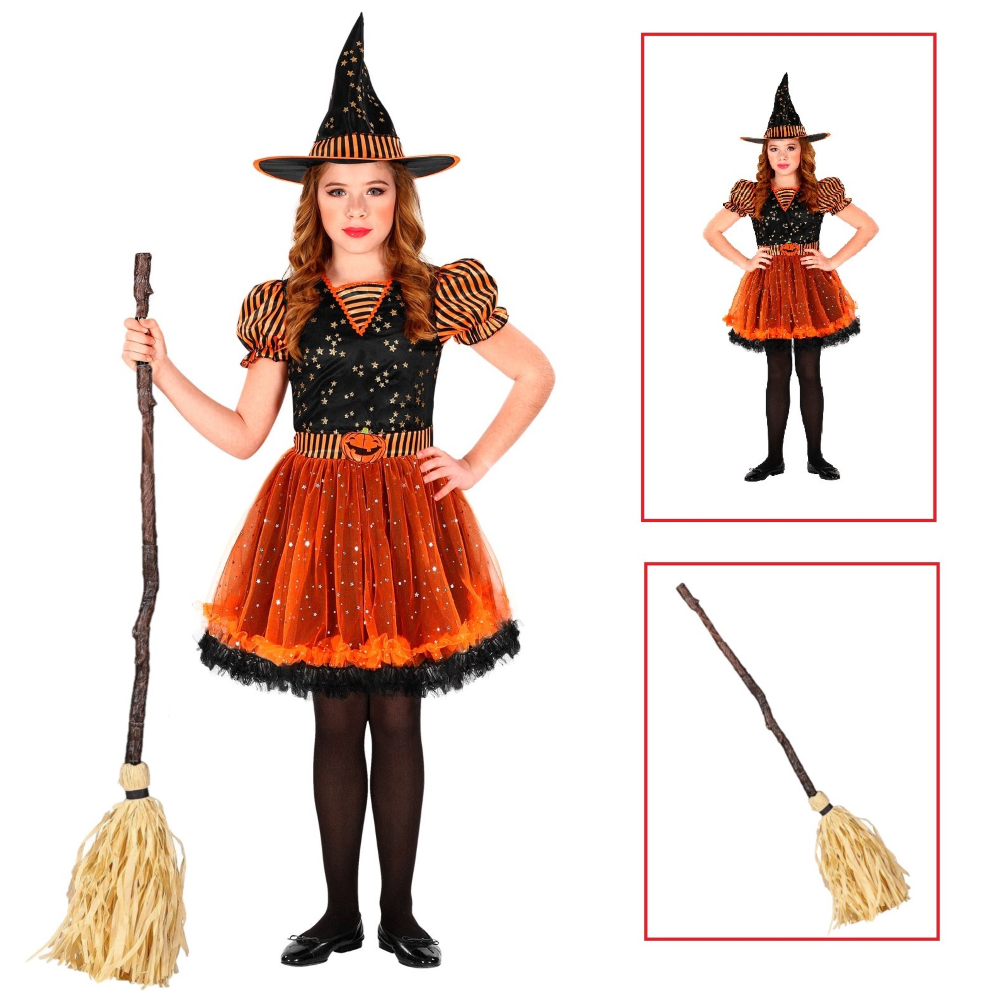 VESTITO CARNEVALE + ACCESSORI STREGA VESTITO CAPPELLO SCOPA STORTA HALLOWEEN BAMBINA 8/10 ANNI - 0181+03231
