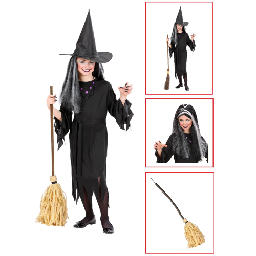 VESTITO CARNEVALE + ACCESSORI STREGA VESTITO CAPPELLO SCOPA PARRUCCA HALLOWEEN BAMBINA 4/5 ANNI - 0250+6279S+03231