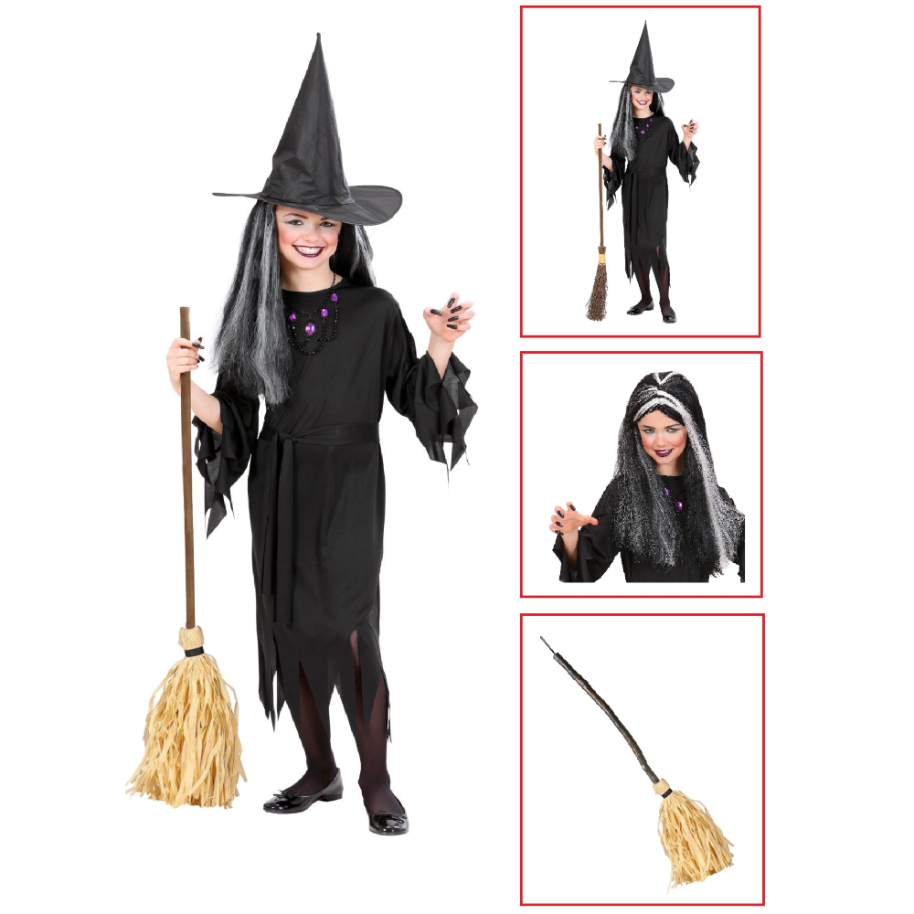 VESTITO CARNEVALE + ACCESSORI STREGA VESTITO CAPPELLO SCOPA PARRUCCA HALLOWEEN BAMBINA 4/5 ANNI - 0250+6279S+03231