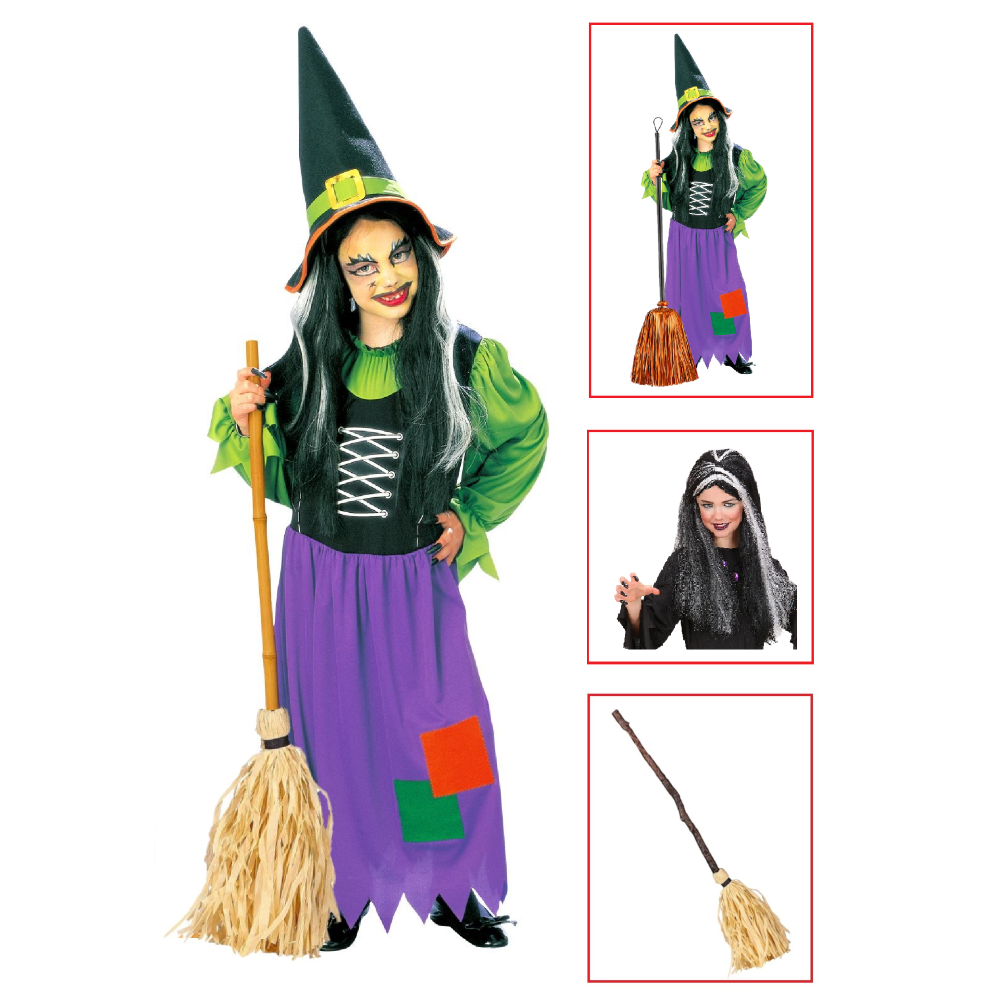 VESTITO CARNEVALE + ACCESSORI STREGA VESTITO CAPPELLO SCOPA PARRUCCA HALLOWEEN BAMBINA 5/7 ANNI - 3857+6279S+03231