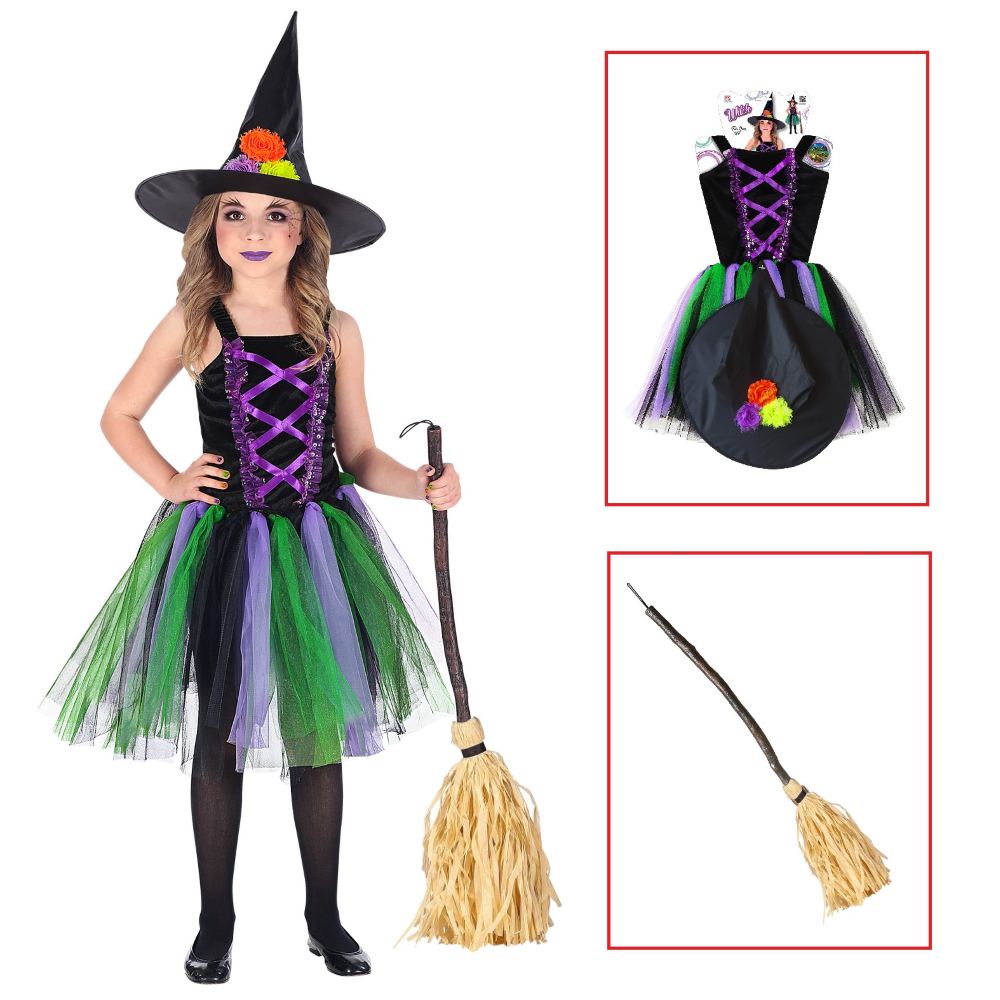VESTITO CARNEVALE + ACCESSORI STREGA VESTITO CAPPELLO SCOPA HALLOWEEN BAMBINA 3/4 ANNI - 96539+03231