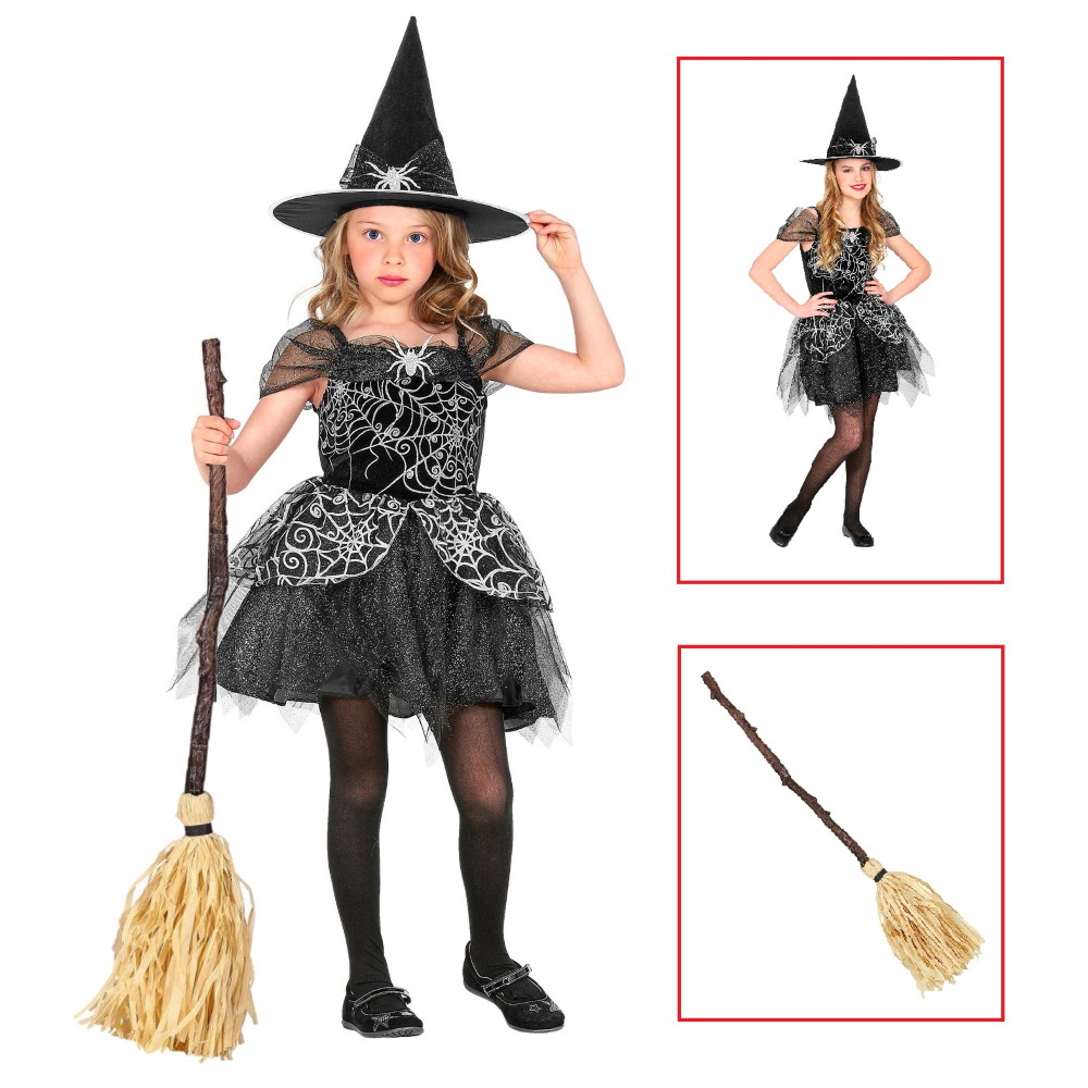 VESTITO CARNEVALE + ACCESSORI WITCH VESTITO CAPPELLO SCOPA HALLOWEEN BAMBINA 11/13 ANNI - 9734+03231