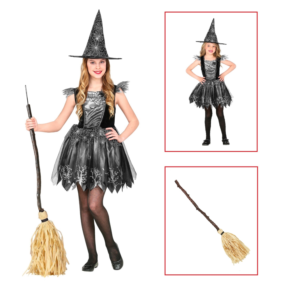VESTITO CARNEVALE + ACCESSORI WITCH VESTITO CAPPELLO SCOPA HALLOWEEN BAMBINA 2/3 ANNI - 9736+03231