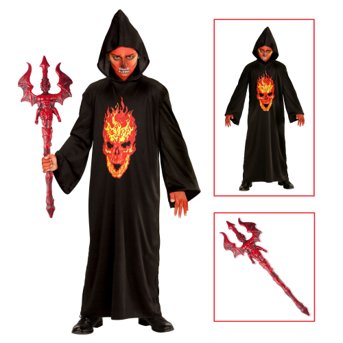 VESTITO CARNEVALE + ACCESSORI SKELETON DEVIL TESCHIO TUNICA TRIDENTE TRAVESTIMENTO HALLOWEEN 11/13 ANNI - 0033+6976D