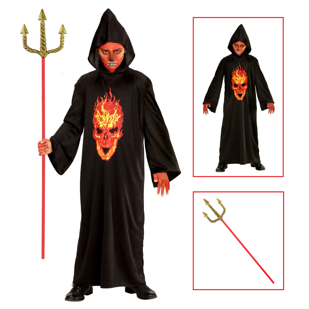 VESTITO CARNEVALE + ACCESSORI SKELETON DEVIL TESCHIO TUNICA TRIDENTE DORATO TRAVESTIMENTO HALLOWEEN 8/10 ANNI - 0033+24221