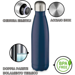 Bottiglia in Acciaio Inox 18/10 Thermos Doppia Parete - Beccuccio Stile Pet  500 Ml. nero opaco - MP01NR