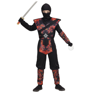 VESTITO CARNEVALE + ACCESSORI NINJA DRAGO IN FIAMME SPADA GIAPPONESE TRAVESTIMENTO 8/10 ANNI - 0563+2728Q
