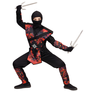 VESTITO CARNEVALE + ACCESSORI NINJA DRAGO IN FIAMME NUNCHAKU TRAVESTIMENTO 8/10 ANNI - 0563+6766N