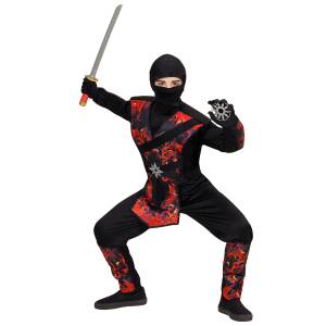 VESTITO CARNEVALE + ACCESSORI NINJA DRAGO IN FIAMME SPADA GIAPPONESE TRAVESTIMENTO 8/10 ANNI - 0563+2728Q