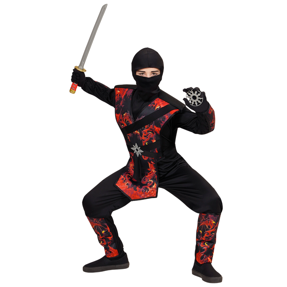 VESTITO CARNEVALE + ACCESSORI NINJA DRAGO IN FIAMME SPADA GIAPPONESE TRAVESTIMENTO 8/10 ANNI - 0563+2728Q